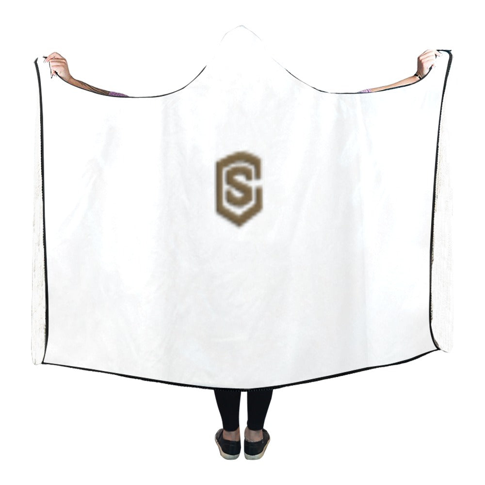 White Hooded Blanket 80"x56" with Brown Logo Hooded Blanket 80"x56"