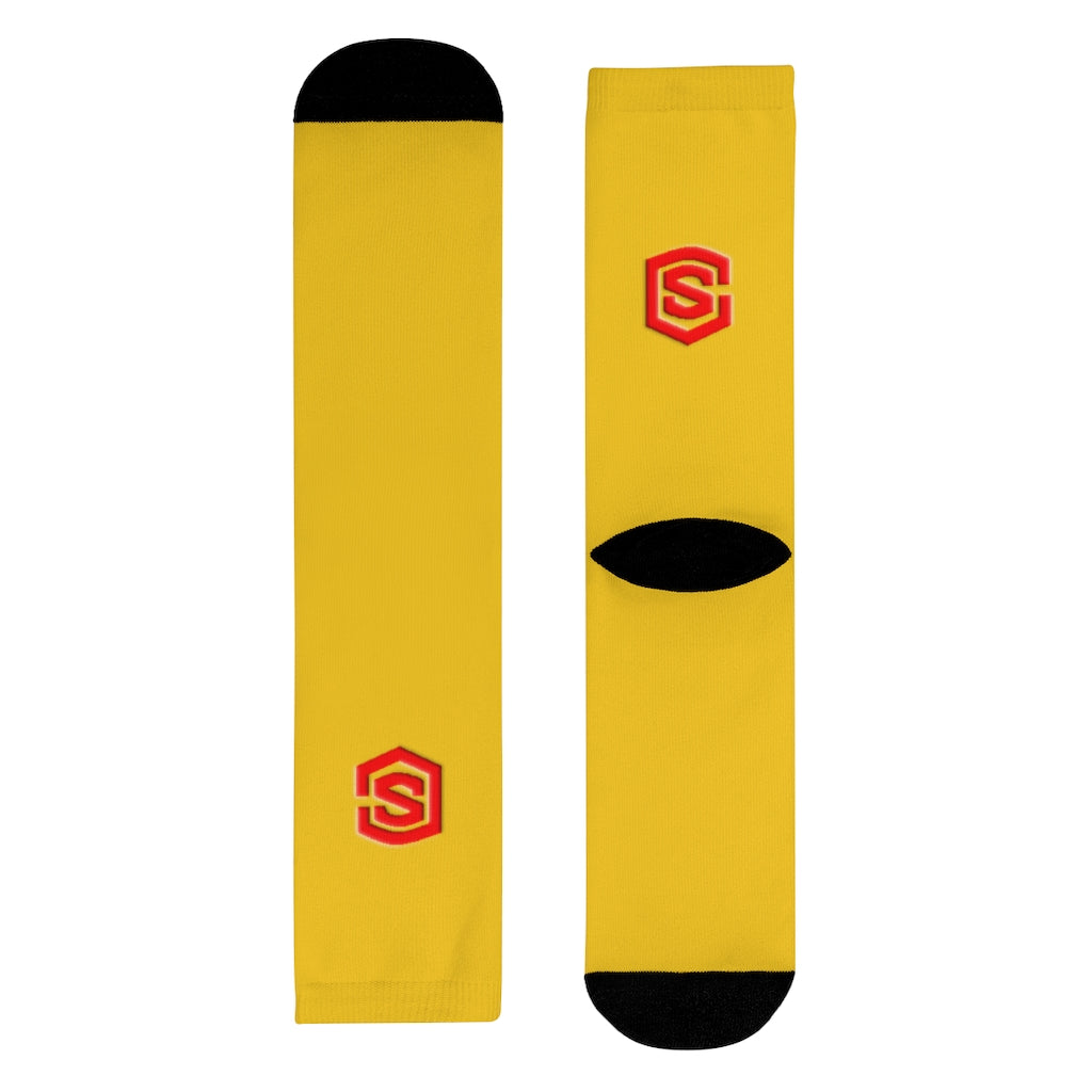 Yellow Sublimation Crew Socks (EU) Red Logo