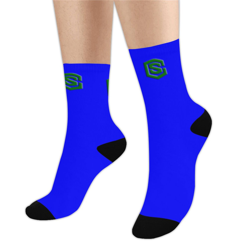 Blue Sublimated Crew Socks (Made In USA) with Green Logo Sublimated Crew Socks (Made In USA)