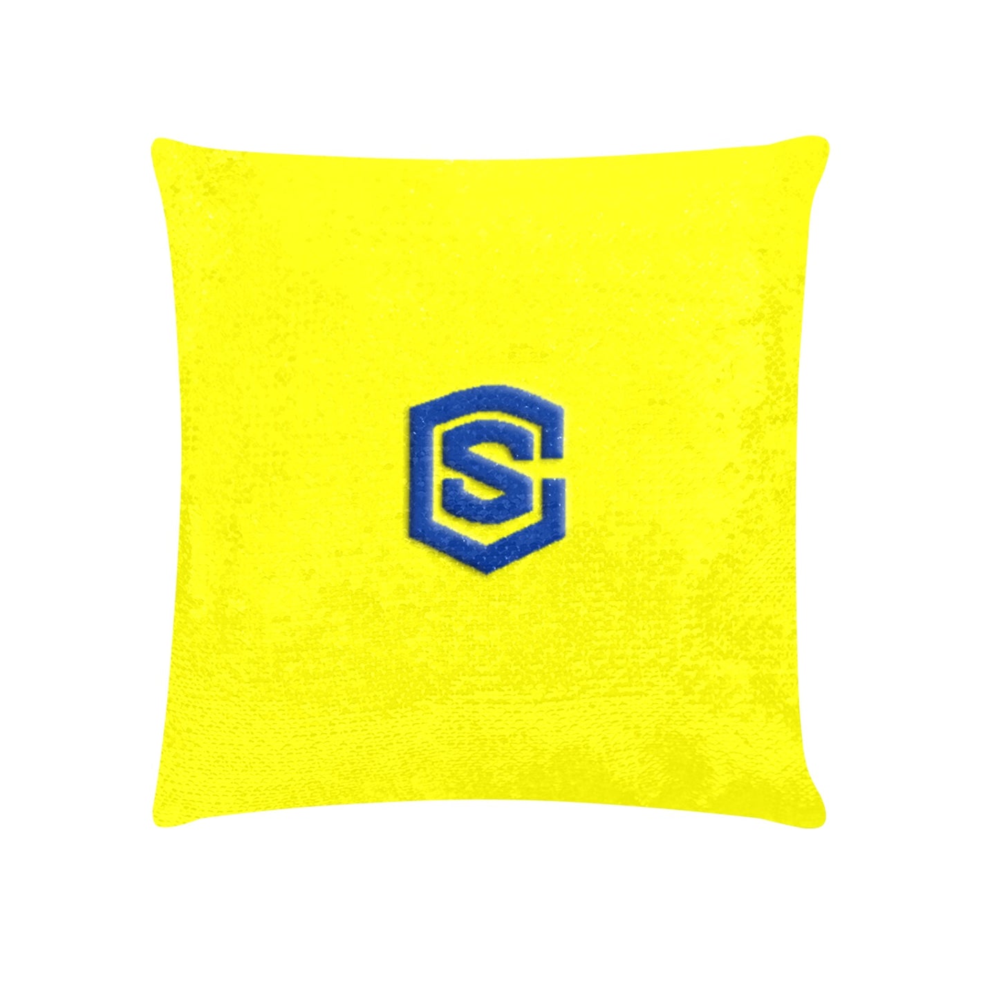 Yellow Custom Sequin Pillow with Blue Logo Custom Sequin Pillow Case 18"x18"