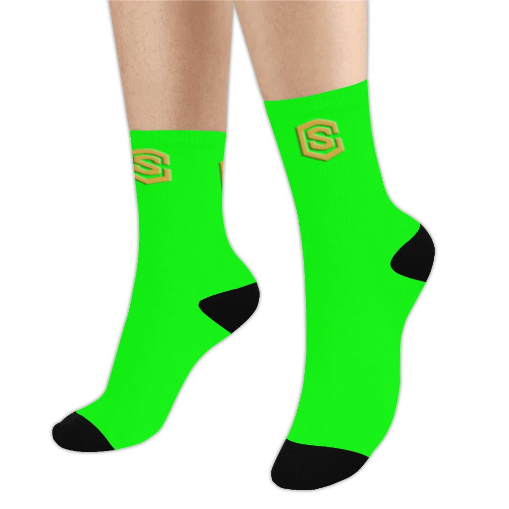 Green Sublimated Crew Socks (Made In USA) with Gold Logo Sublimated Crew Socks (Made In USA)