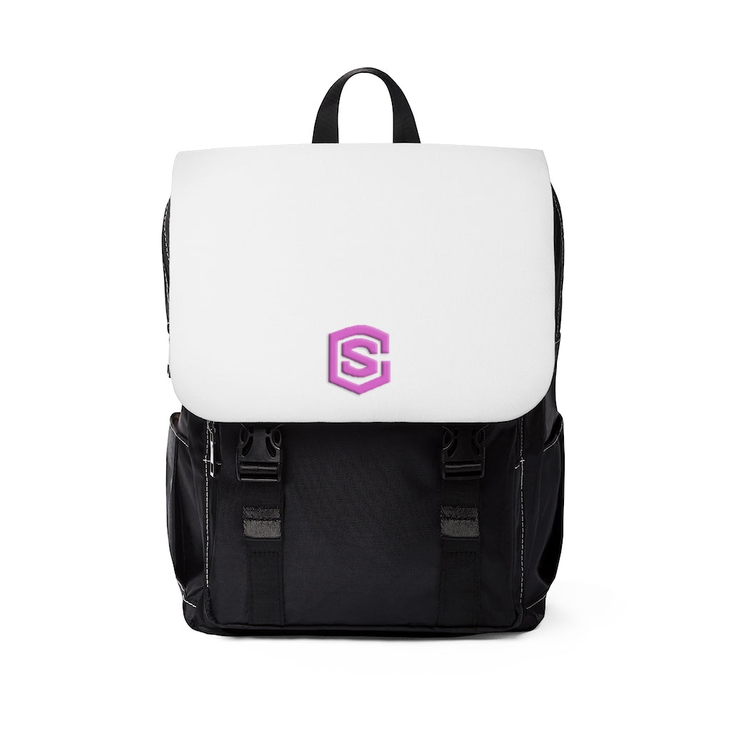 White Unisex Casual Shoulder Backpack Pink logo