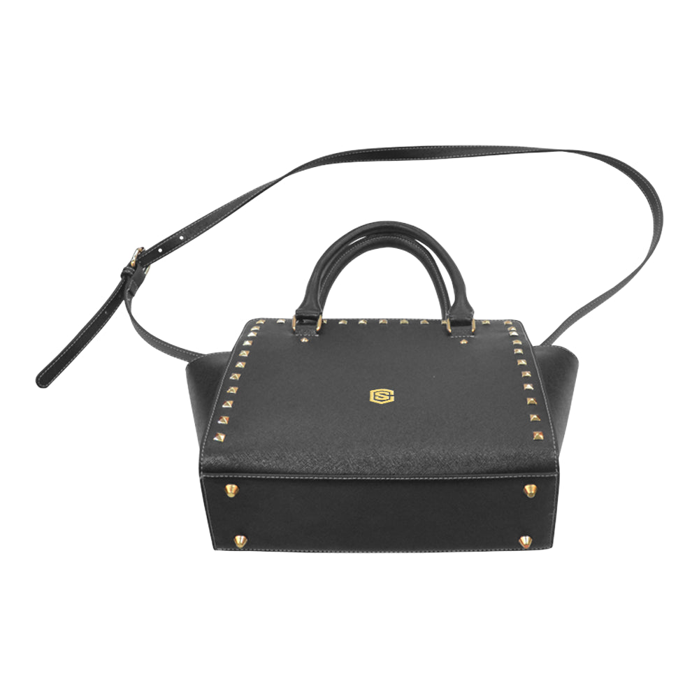 BLACK RIVET SHOULDER HANDBAG gold logo Rivet Shoulder Handbag (Model 1645)