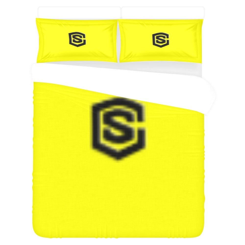 Yellow 3-Piece Bedding Set (1 Duvet Cover 86"x70"; 2 Pillowcases 20"x30")(One Side) wtih Black Logo 3-Piece Bedding Set (1 Duvet Cover 86"x70"; 2 Pillowcases 20"x30")(One Side)
