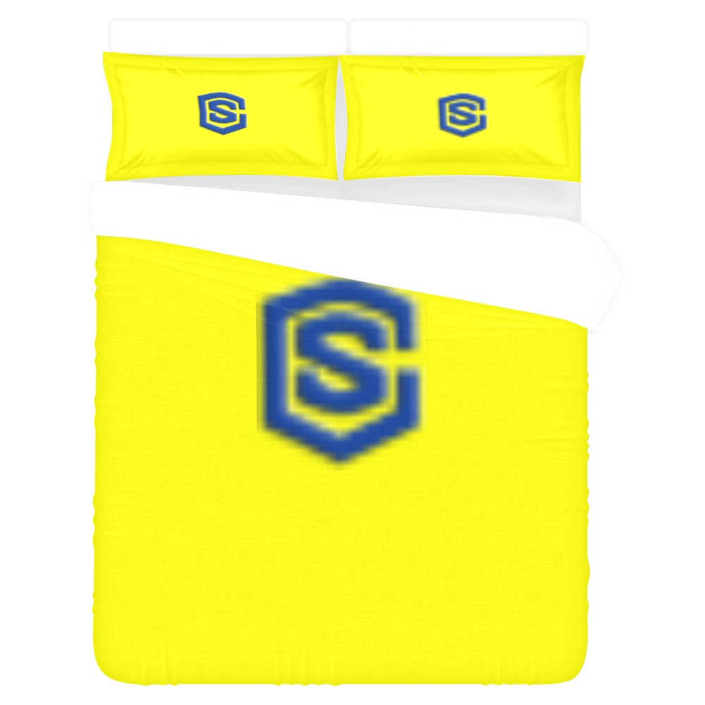 Yellow 3-Piece Bedding Set (1 Duvet Cover 86"x70"; 2 Pillowcases 20"x30")(One Side) wtih Blue Logo 3-Piece Bedding Set (1 Duvet Cover 86"x70"; 2 Pillowcases 20"x30")(One Side)