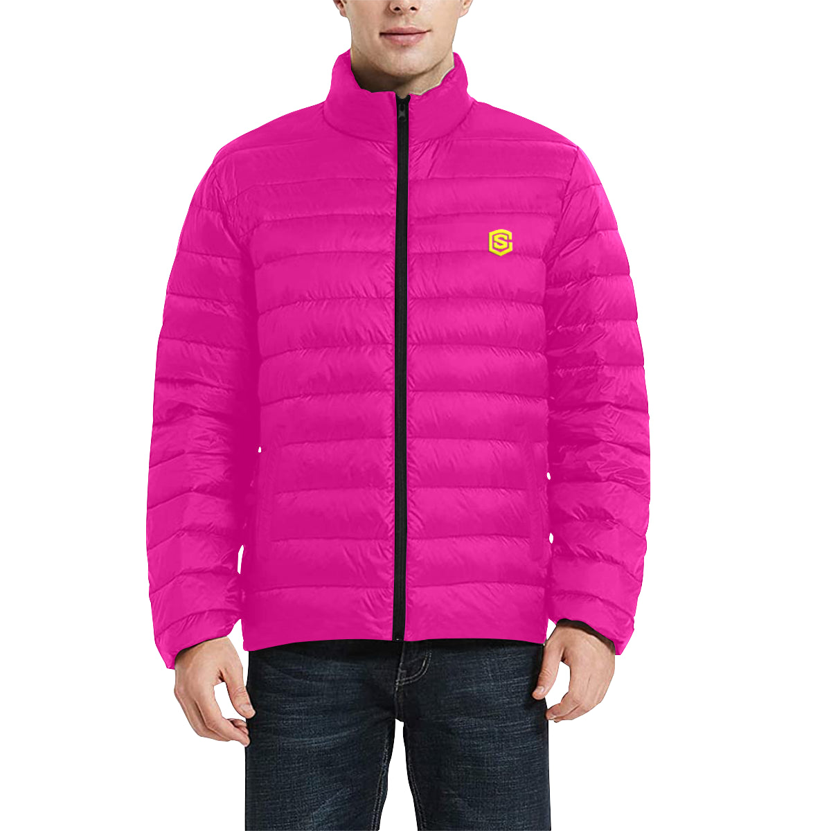 Yellow Logo Men's Stand Collar Padded Jacket (Model H41)