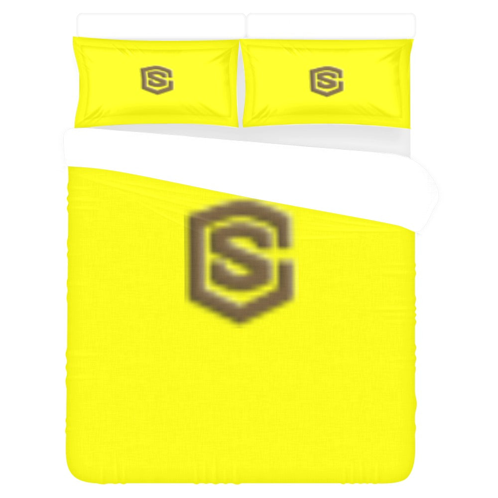 Yellow 3-Piece Bedding Set (1 Duvet Cover 86"x70"; 2 Pillowcases 20"x30")(One Side) wtih Brown Logo 3-Piece Bedding Set (1 Duvet Cover 86"x70"; 2 Pillowcases 20"x30")(One Side)