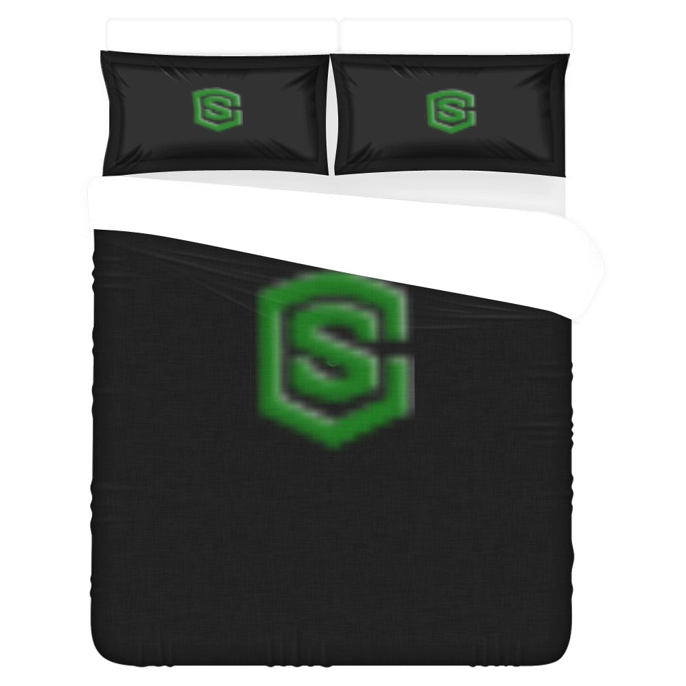 Black 3-Piece Bedding Set (1 Duvet Cover 86"x70"; 2 Pillowcases 20"x30")(One Side) wtih Green Logo 3-Piece Bedding Set (1 Duvet Cover 86"x70"; 2 Pillowcases 20"x30")(One Side)