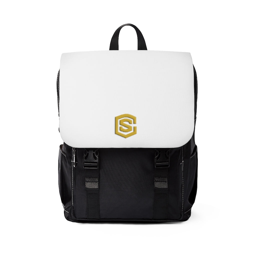 White Unisex Casual Shoulder Backpack Gold logo