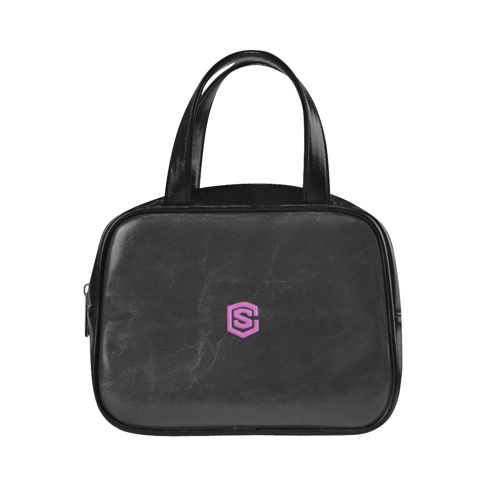 BLACK LEATHER TOP HANDLE HANDBAG pink logo Leather Top Handle Handbag (Model 1662)