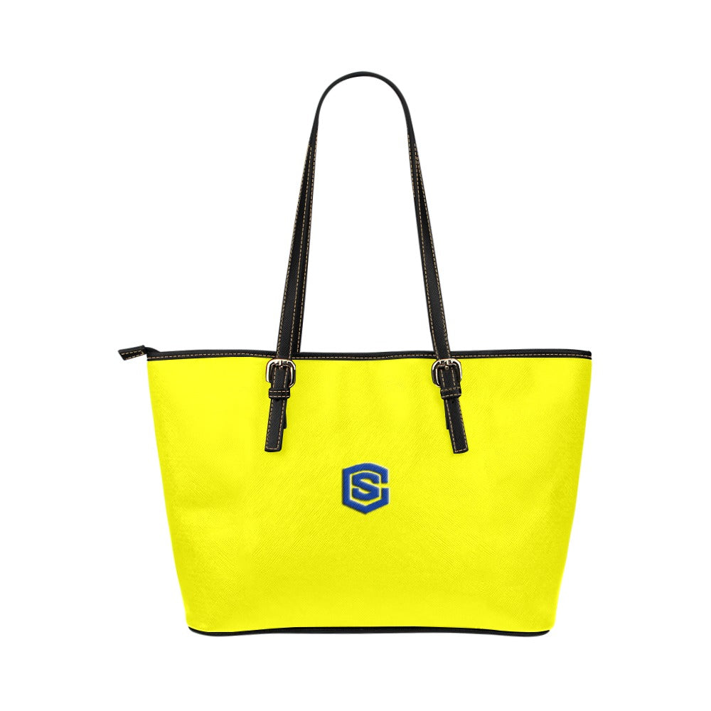 YELLOW Leather Tote Bag WITH BLUE LOGO Leather Tote Bag (Model 1651) (Big)