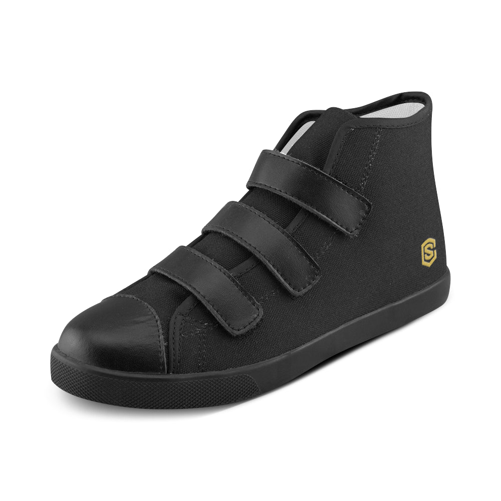 BLACK CANVAS KID SHOES gold logo Velcro High Top Canvas Kid's Shoes (Model 015)
