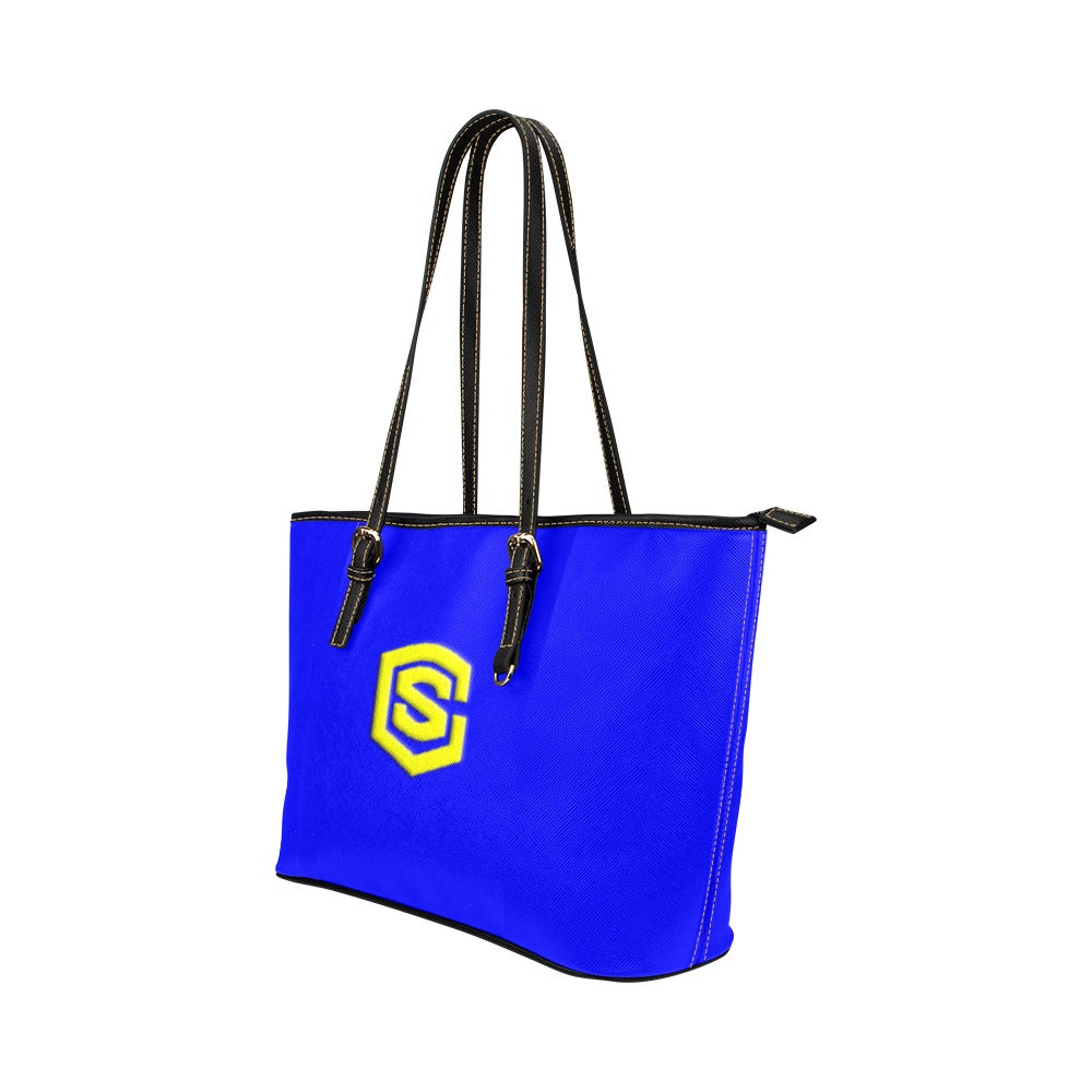BLUE Leather Tote Bag WITH YELLOW LOGO Leather Tote Bag (Model 1651) (Big)