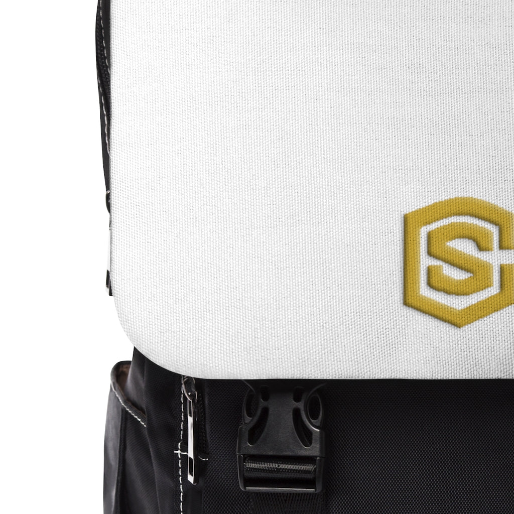 White Unisex Casual Shoulder Backpack Gold logo