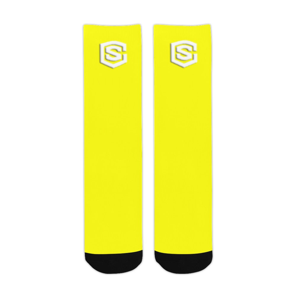 Yellow Sublimated Crew Socks (Made In USA) with White Logo Sublimated Crew Socks (Made In USA)