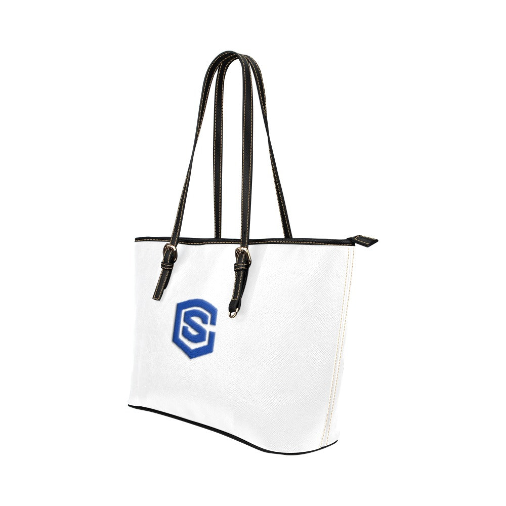 WHITE Leather Tote Bag WITH BLUE LOGO Leather Tote Bag (Model 1651) (Big)