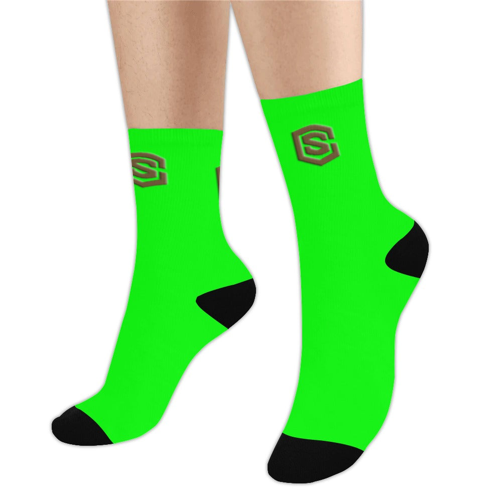 Green Sublimated Crew Socks (Made In USA) with Brown Logo Sublimated Crew Socks (Made In USA)