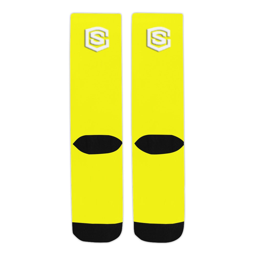 Yellow Sublimated Crew Socks (Made In USA) with White Logo Sublimated Crew Socks (Made In USA)