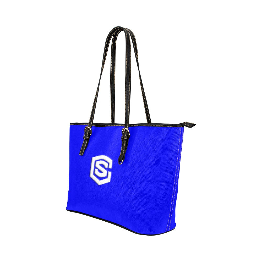 BLUE Leather Tote Bag WITH WHITE LOGO Leather Tote Bag (Model 1651) (Big)