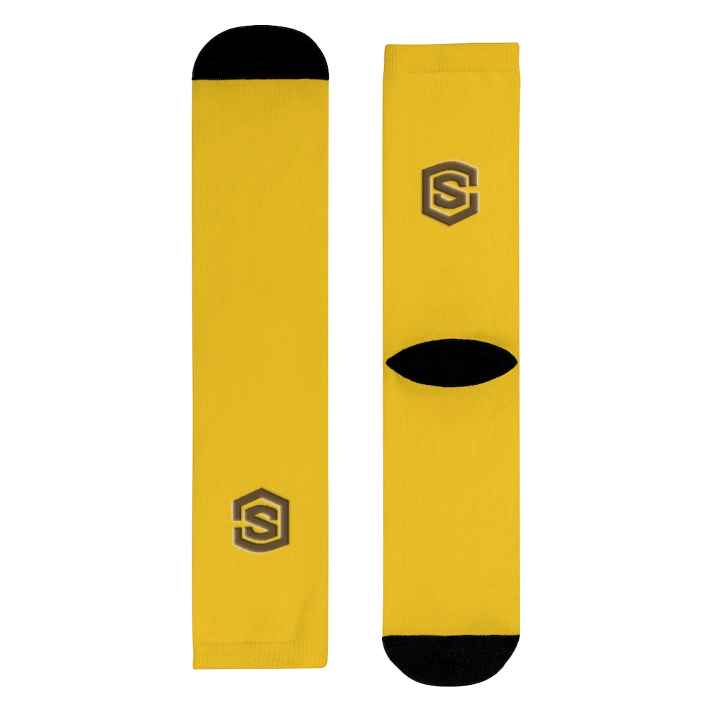Yellow Sublimation Crew Socks (EU) Brown Logo