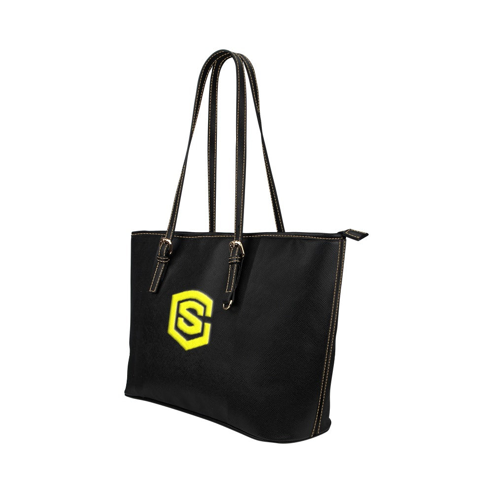 BLACK Leather Tote Bag WITH YELLOW LOGO Leather Tote Bag (Model 1651) (Big)
