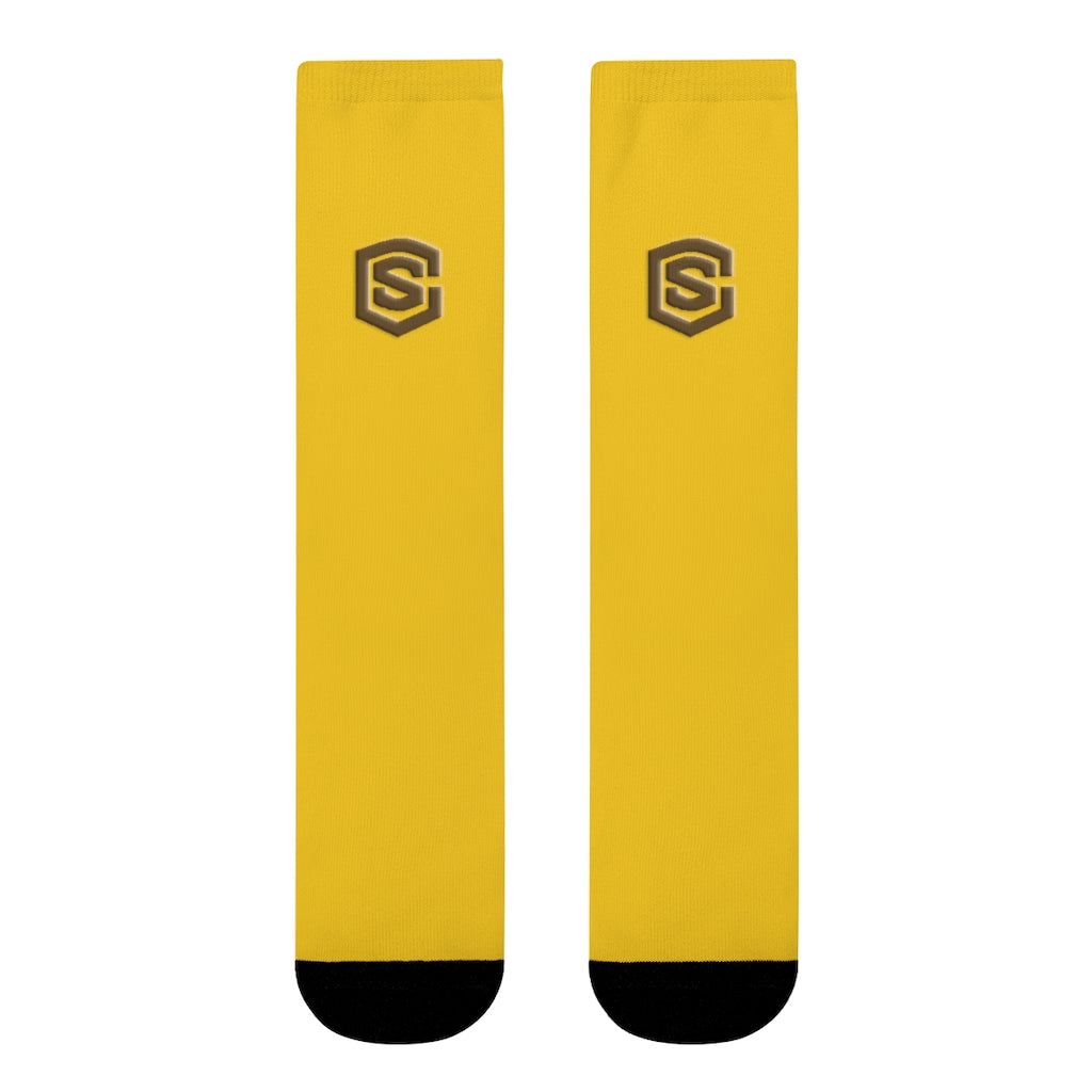 Yellow Sublimation Crew Socks (EU) Brown Logo