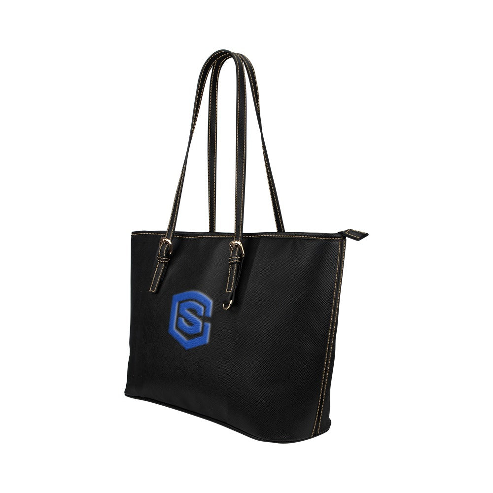 BLACK Leather Tote Bag WITH BLUE LOGO Leather Tote Bag (Model 1651) (Big)