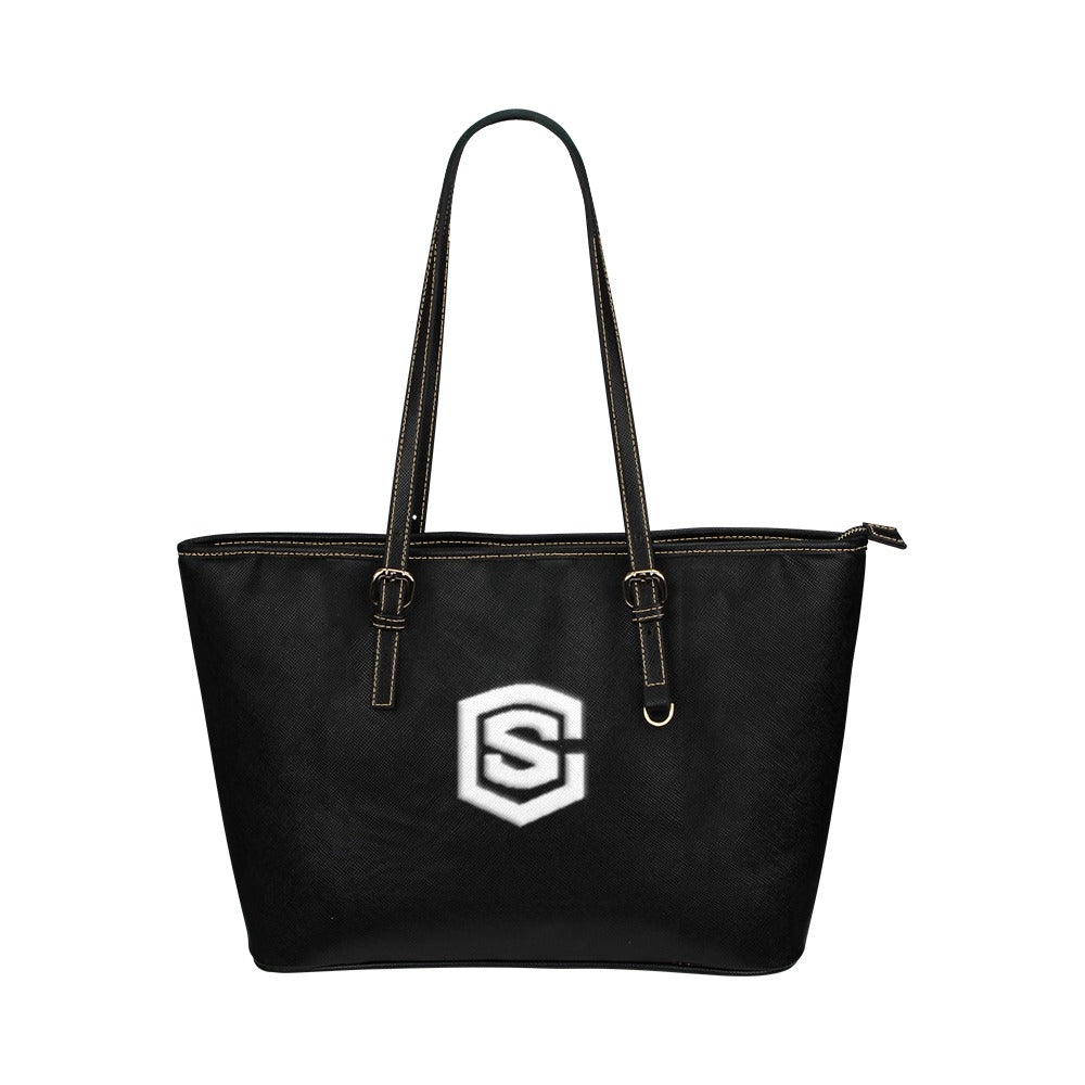 BLACK Leather Tote Bag WITH WHITE LOGO Leather Tote Bag (Model 1651) (Big)