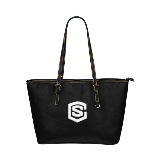 BLACK Leather Tote Bag WITH WHITE LOGO Leather Tote Bag (Model 1651) (Big)