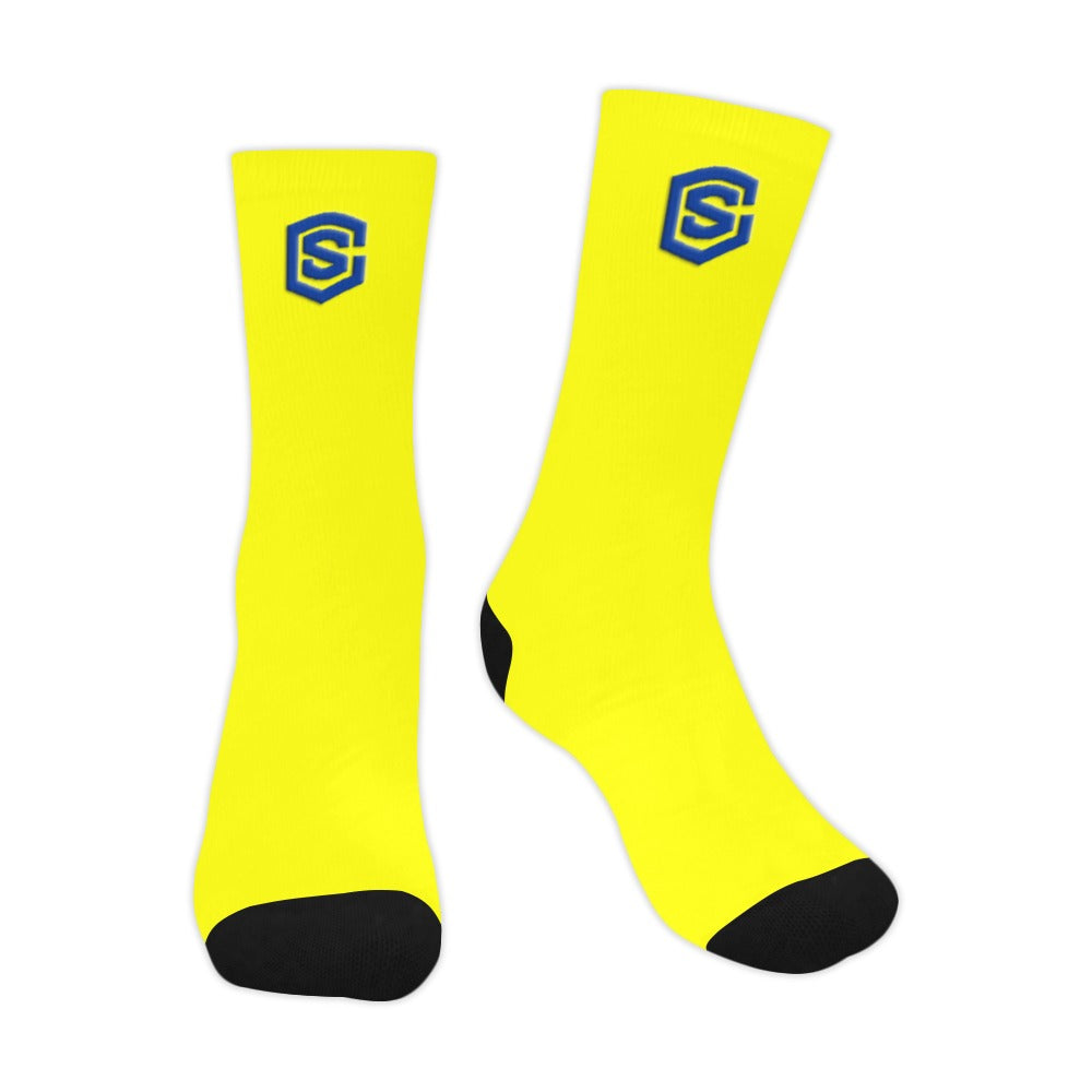 Yellow Sublimated Crew Socks (Made In USA) with Blue Logo Sublimated Crew Socks (Made In USA)