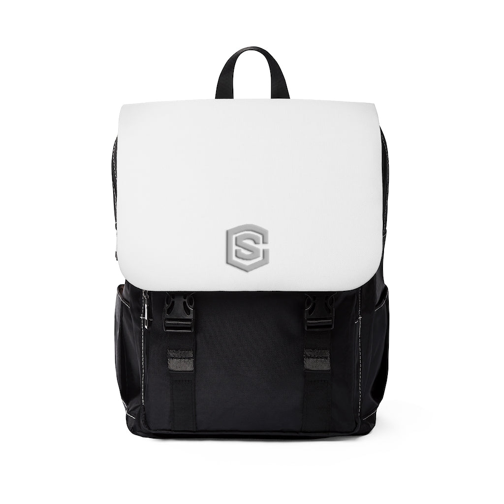 White Unisex Casual Shoulder Backpack Silver logo