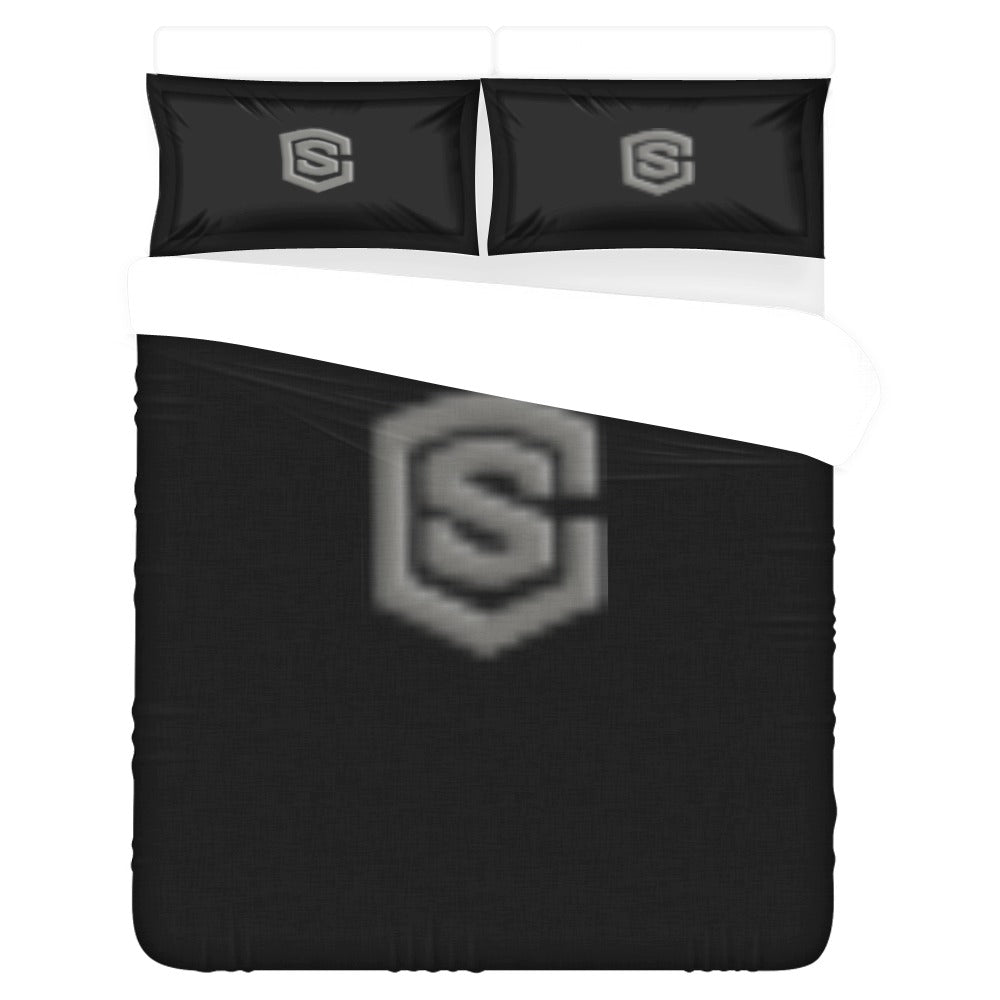 Black 3-Piece Bedding Set (1 Duvet Cover 86"x70"; 2 Pillowcases 20"x30")(One Side) wtih Gray Logo 3-Piece Bedding Set (1 Duvet Cover 86"x70"; 2 Pillowcases 20"x30")(One Side)