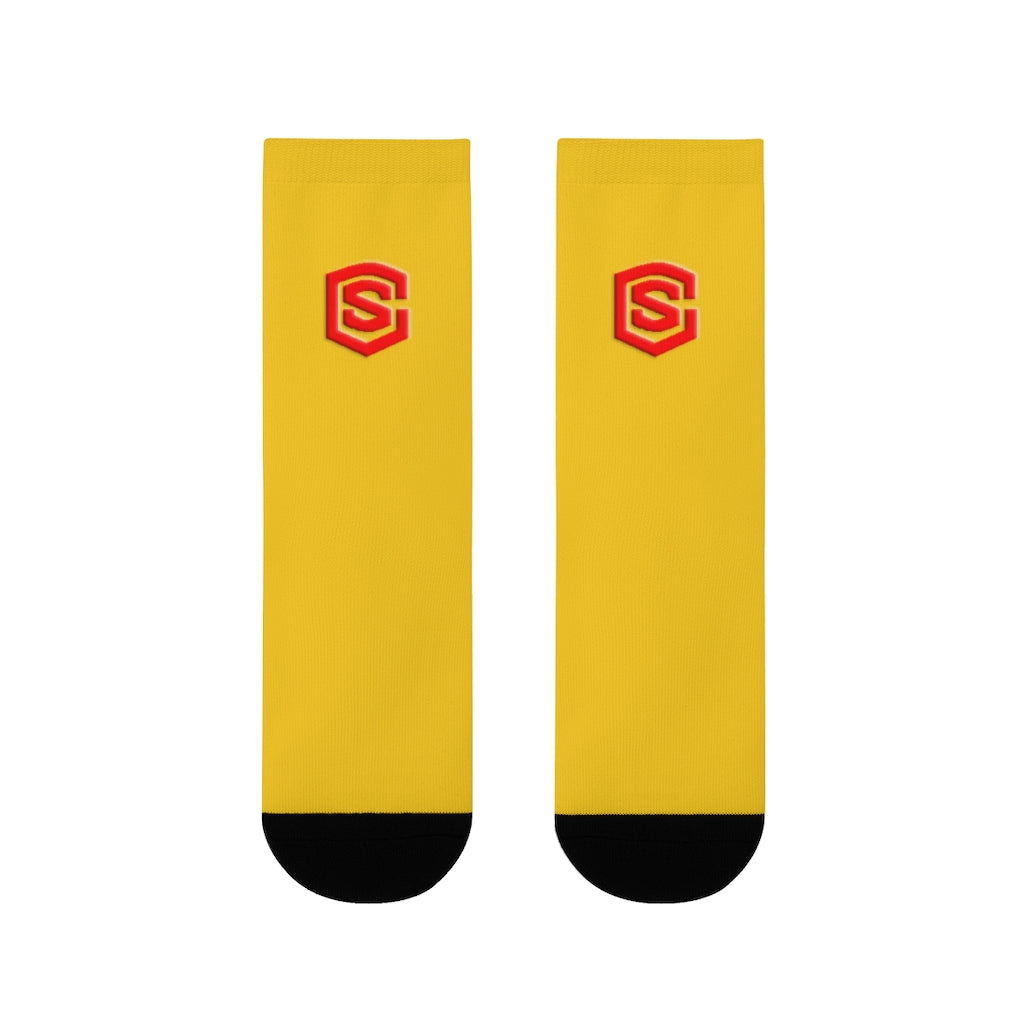 Yellow Sublimation Crew Socks (EU) Red Logo