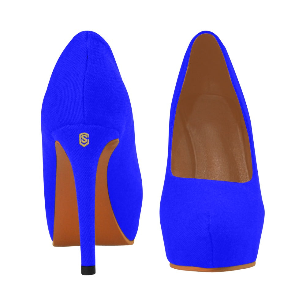 Blue Women's Pumps With Gold Logo Women's High Heels (Model 044)