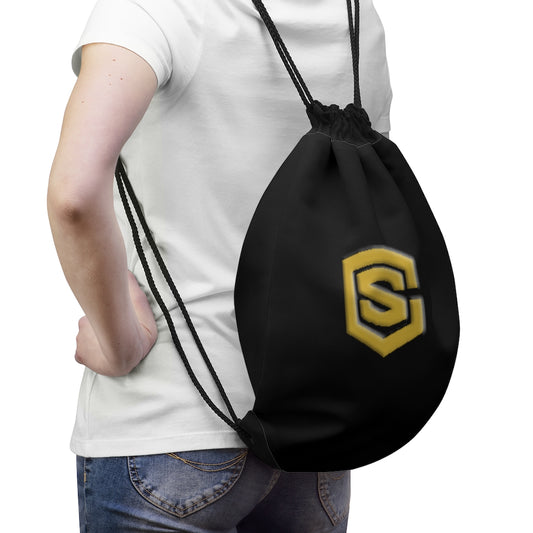 Black Drawstring Bag Gold logo
