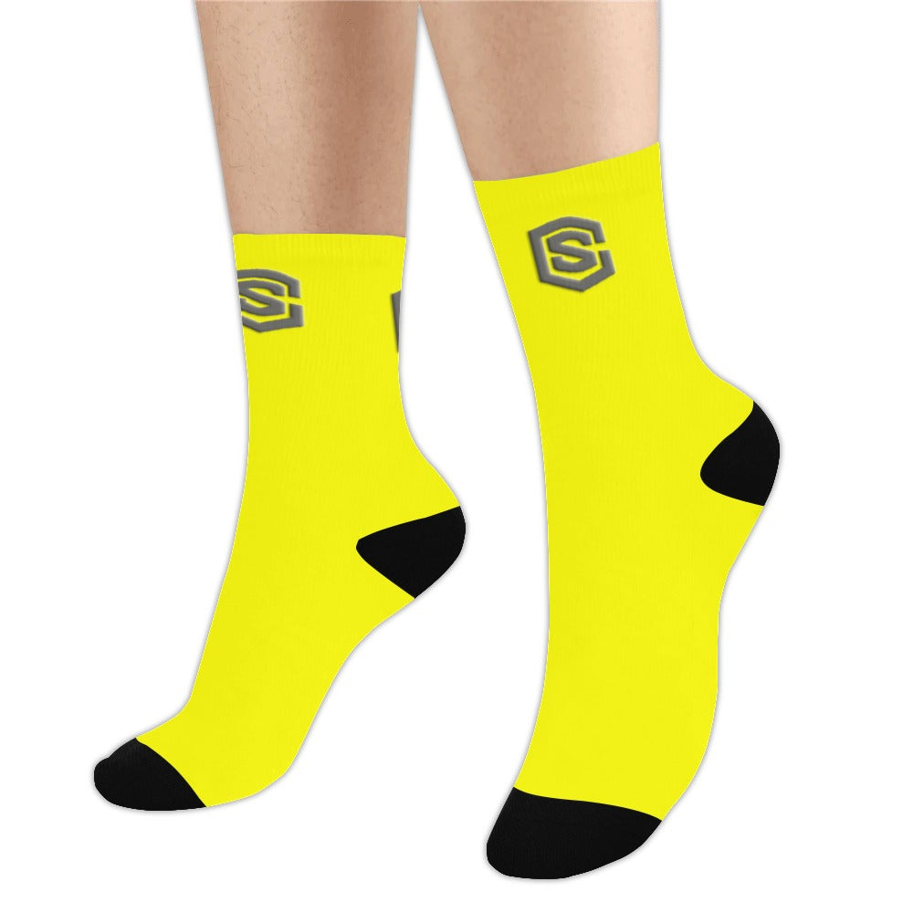Yellow Sublimated Crew Socks (Made In USA) with Gray Logo Sublimated Crew Socks (Made In USA)