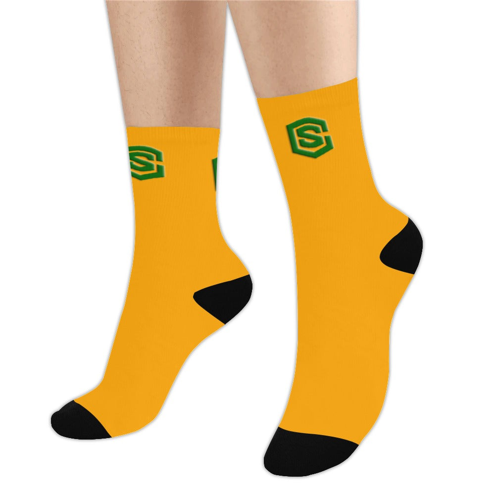 Orange Sublimated Crew Socks (Made In USA) with Green Logo Sublimated Crew Socks (Made In USA)