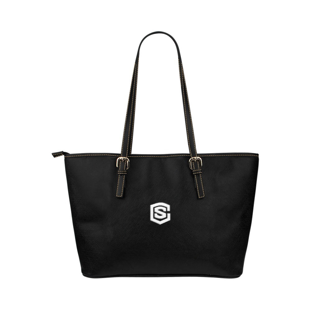 BLACK Leather Tote Bag WITH WHITE LOGO Leather Tote Bag (Model 1651) (Big)