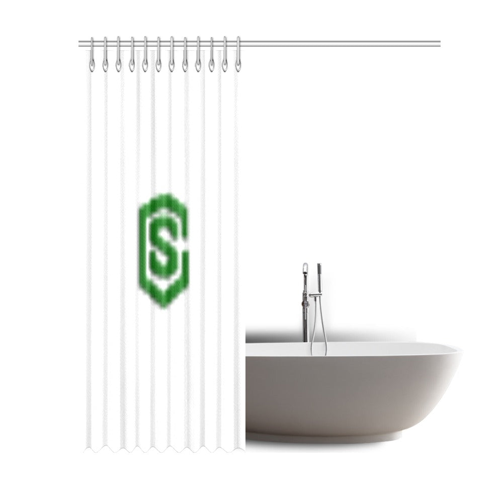 White Shower Curtain 69"x84" with Green Logo Shower Curtain 69"x84"