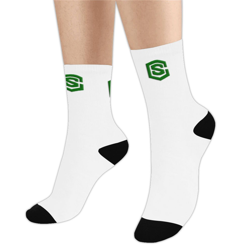 White Sublimated Crew Socks (Made In USA) with Green Logo Sublimated Crew Socks (Made In USA)