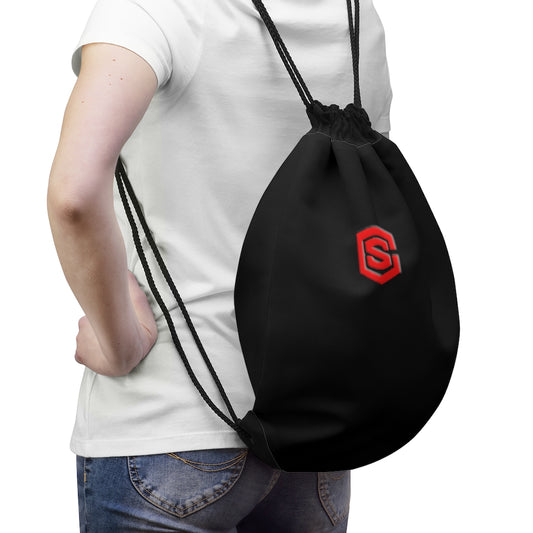 Black Drawstring Bag Red logo