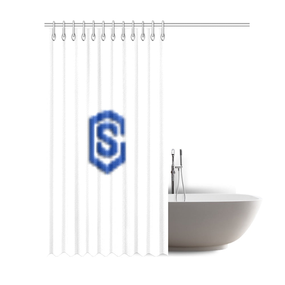 White Shower Curtain 69"x84" with Blue Logo Shower Curtain 69"x84"