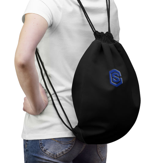 Black Drawstring Bag Blue logo