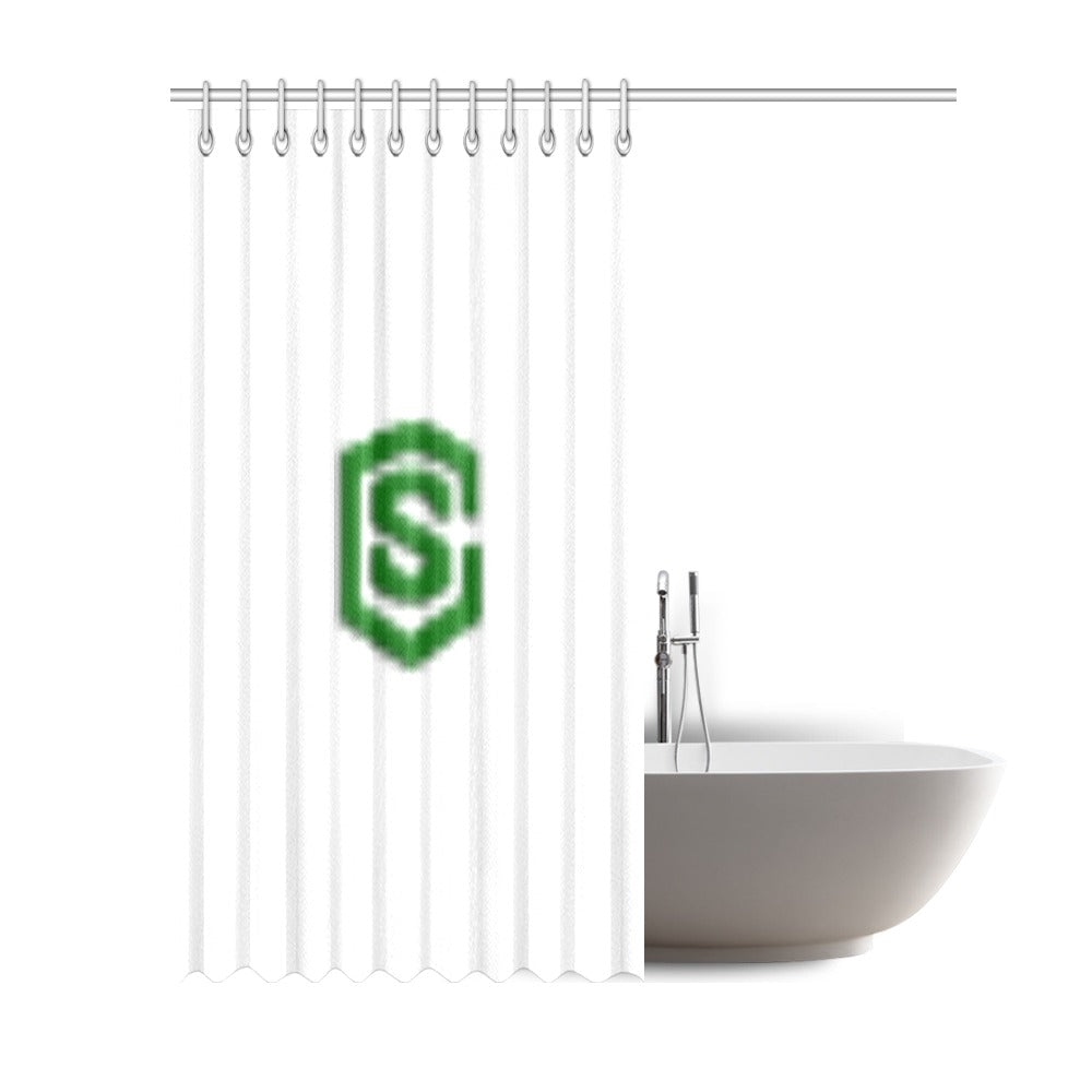 White Shower Curtain 69"x84" with Green Logo Shower Curtain 69"x84"