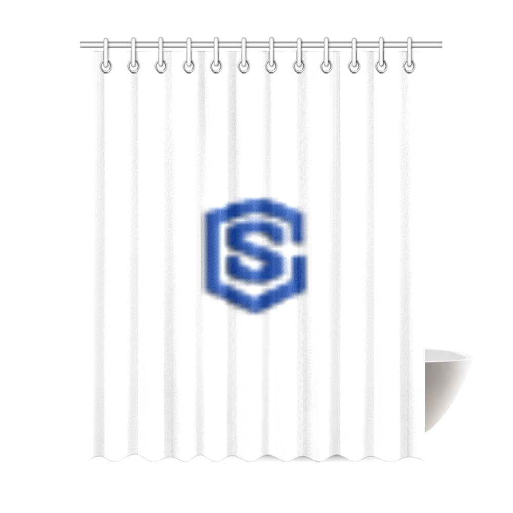 White Shower Curtain 69"x84" with Blue Logo Shower Curtain 69"x84"