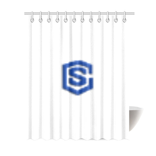 White Shower Curtain 69"x84" with Blue Logo Shower Curtain 69"x84"