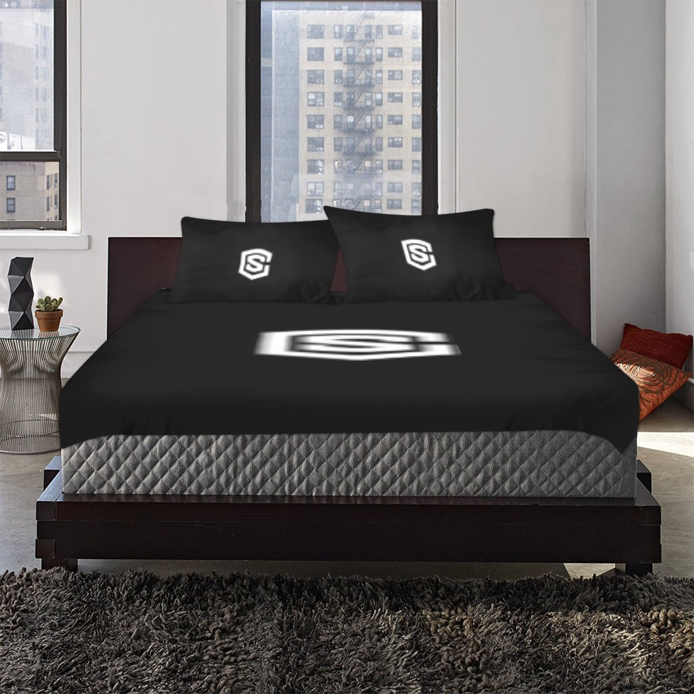 Black 3-Piece Bedding Set (1 Duvet Cover 86"x70"; 2 Pillowcases 20"x30")(One Side) wtih White Logo 3-Piece Bedding Set (1 Duvet Cover 86"x70"; 2 Pillowcases 20"x30")(One Side)