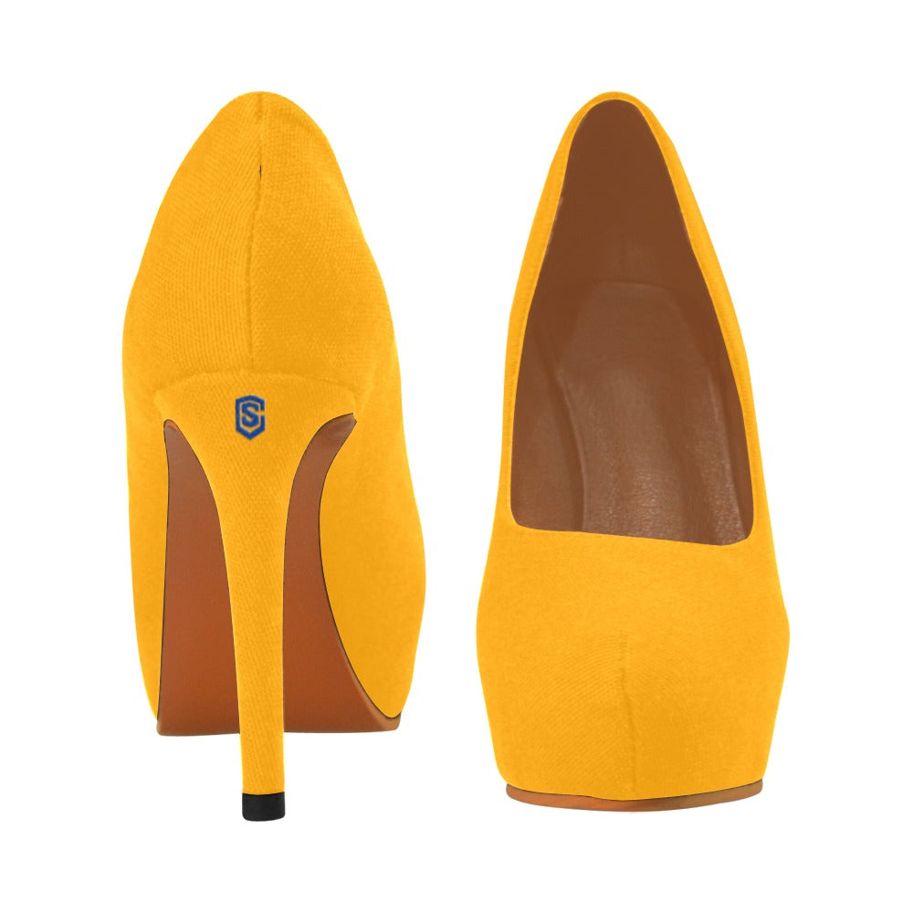 Orange Women's Pumps With Blue Logo Women's High Heels (Model 044)