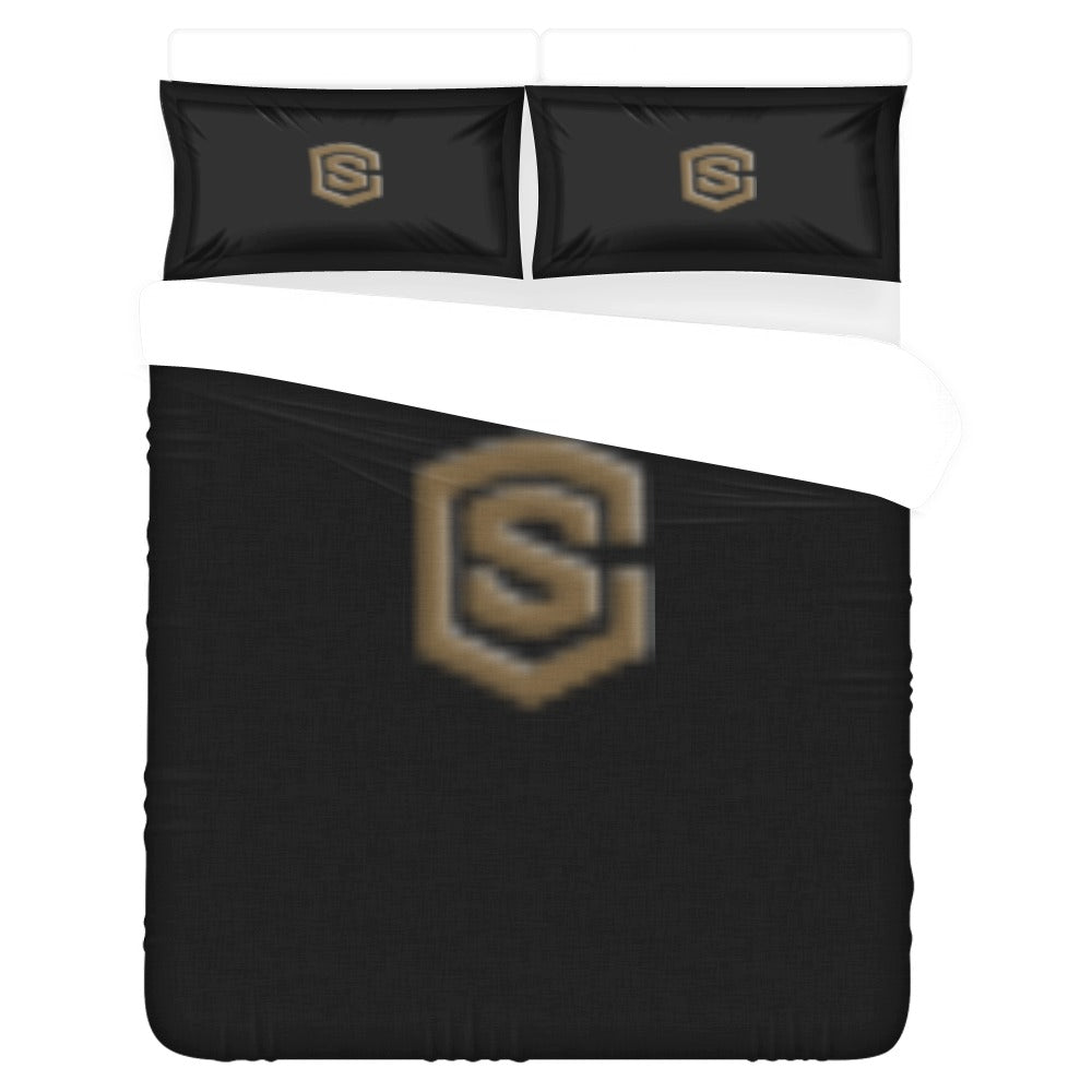 Black 3-Piece Bedding Set (1 Duvet Cover 86"x70"; 2 Pillowcases 20"x30")(One Side) wtih Brown Logo 3-Piece Bedding Set (1 Duvet Cover 86"x70"; 2 Pillowcases 20"x30")(One Side)