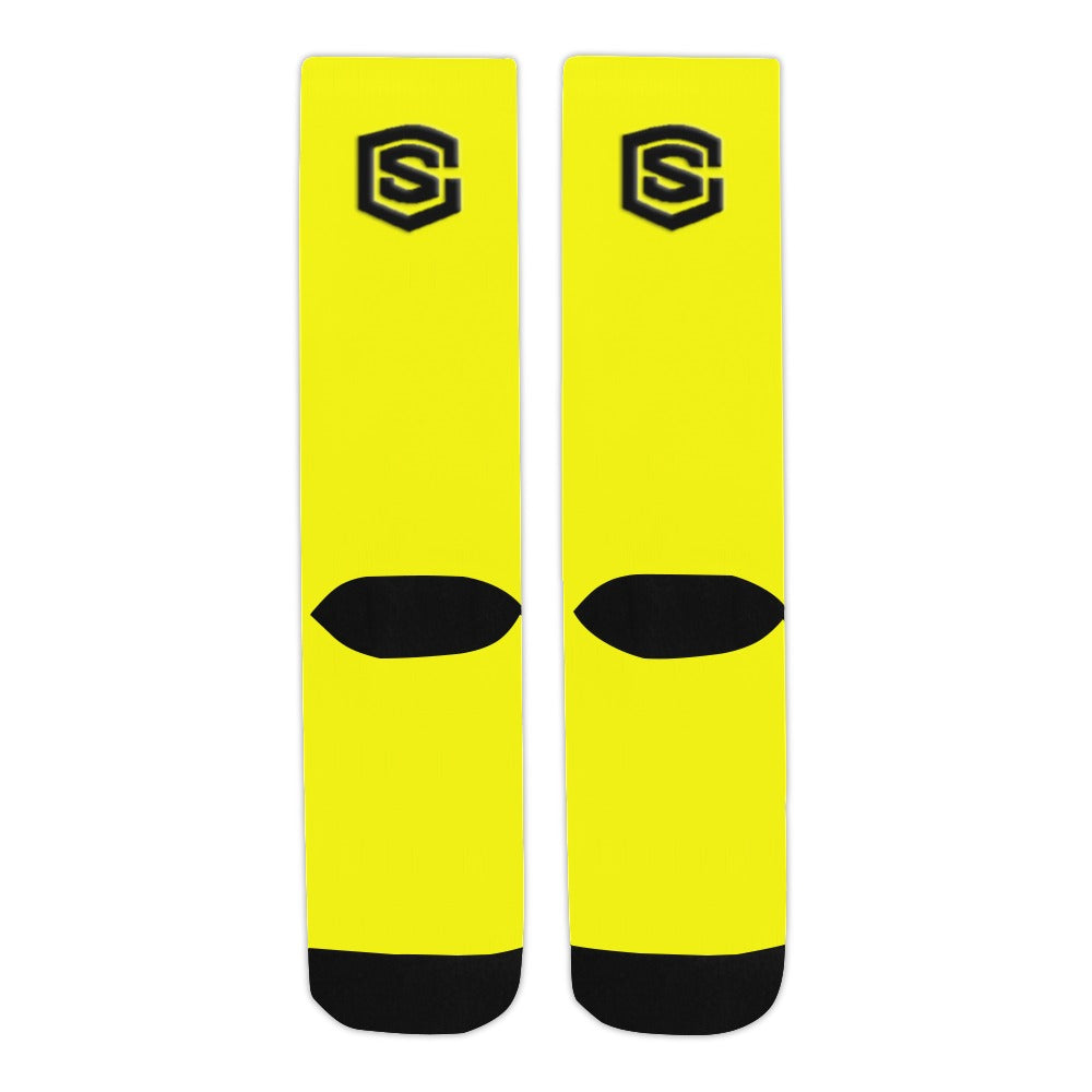 Yellow Sublimated Crew Socks (Made In USA) with Black Logo Sublimated Crew Socks (Made In USA)